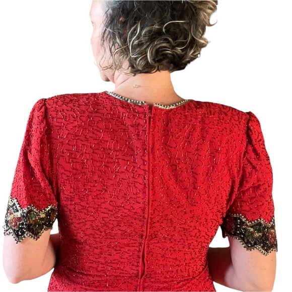 Vintage Laurence Kazar Sz M Allover Sequin Red Holiday Bow Novelty Trim Blouse - Picture 5 of 14